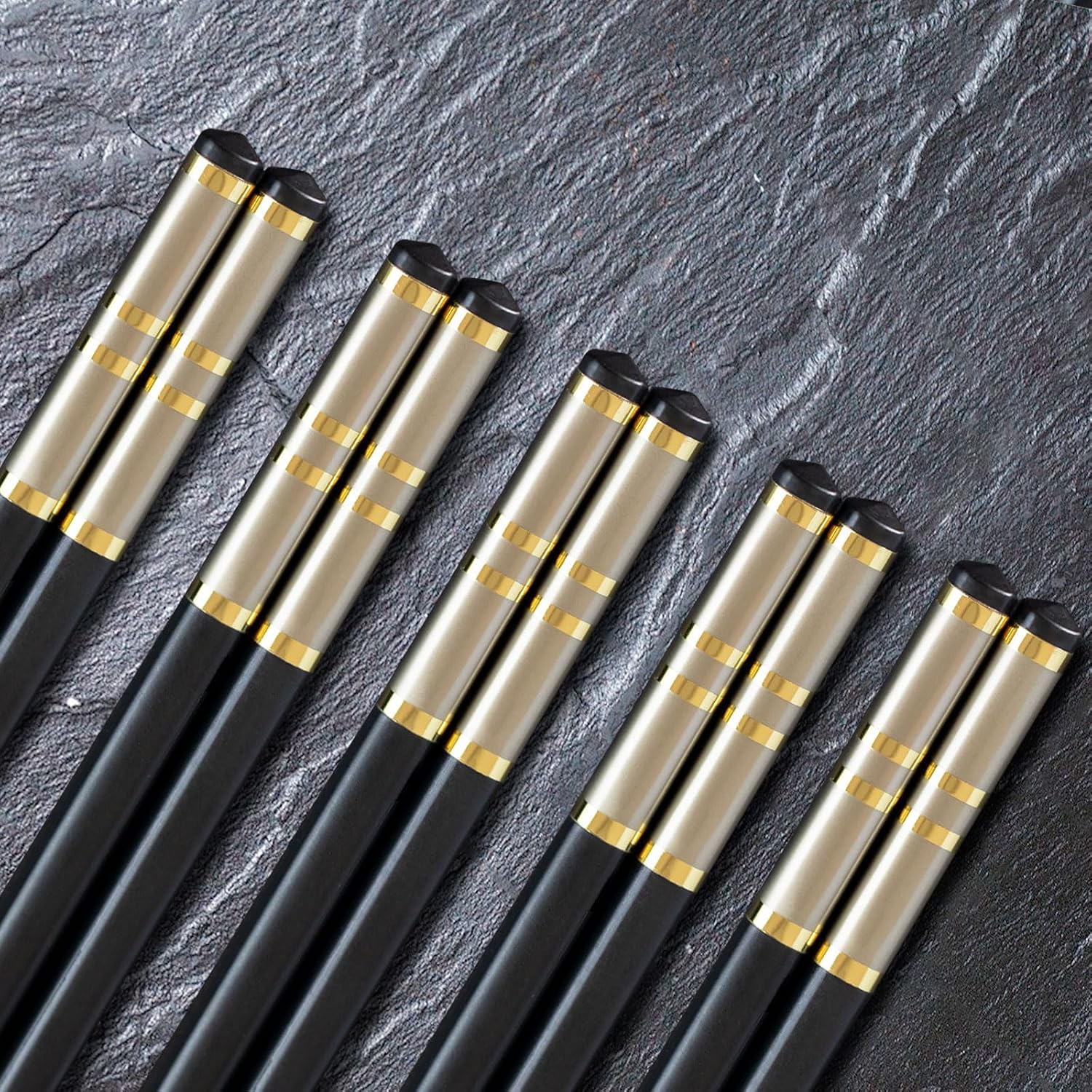 Chopsticks Reusable 5 Pairs Fiberglass Chopsticks Dishwasher Safe Lightweight Non-Slip Chop Sticks Set (golden-1)